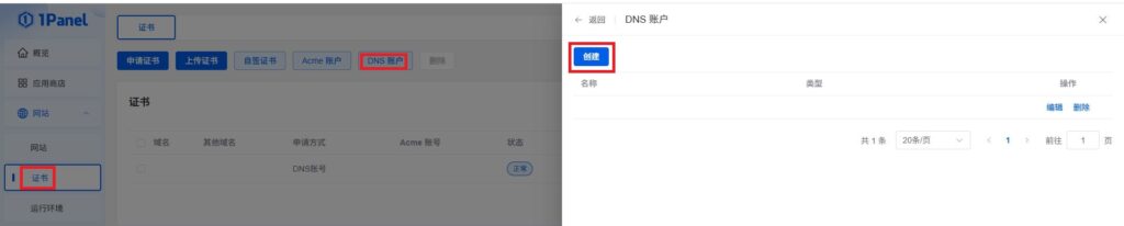 1panel创建DNS账户 1