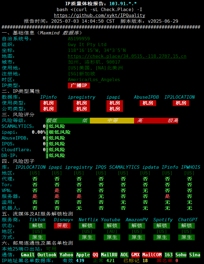 HostDare美国AMD-VPS-IP质量体检报告